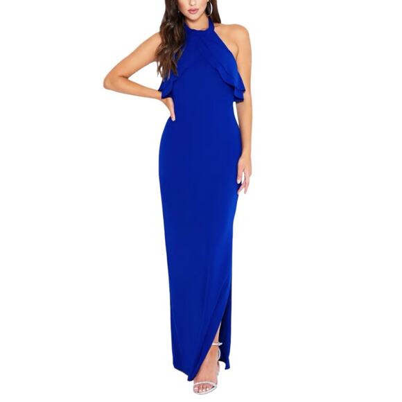 NWT BEBE Double Ruffle Halter Neck Side Slit Gown In Cobalt 6 - Picture 1 of 9